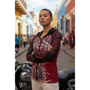 YMX by Yellowman Womens Tattoo Print Full Zip Hoodie Red Black Floral Size M